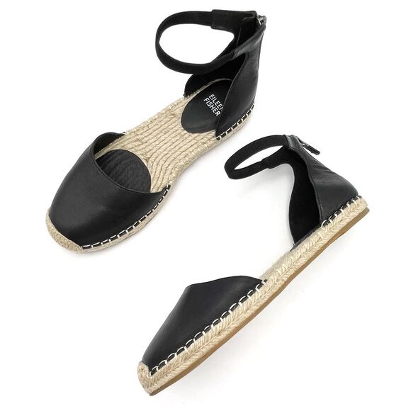 Eileen Fisher Lala Leather Espadrille Flats Black Size 8 Ankle Strap Sandals - Picture 2 of 15